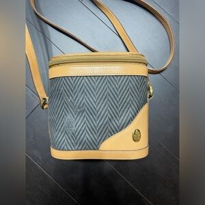 Vintage Mark Cross Crossbody Bag Beige Leather & Canvas Bucket 6.5” x 8” x 3”